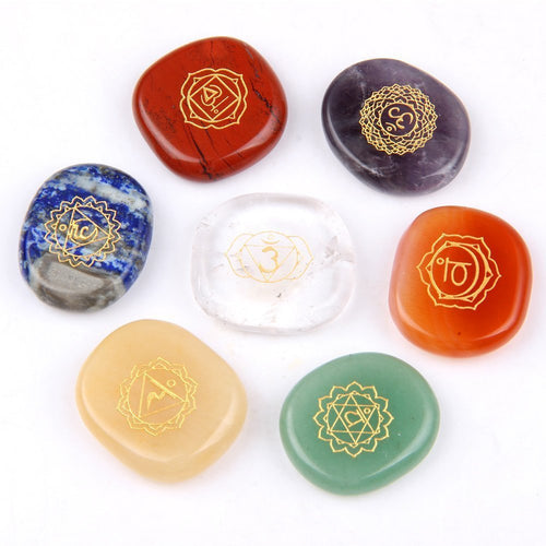 Chakra Stones-Reiki Healing Crystal With Engraved Chakra Symbols Holistic Balancing Polished Palm Stones Set of 7